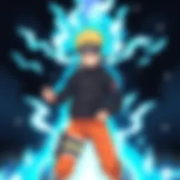 Boruto Character Illustration A young ninja with spiky hair and a confident expression, wearing a dark jacket, standing in a dynamic pose, surrounded by a blue aura, symbolizing strength and determination.