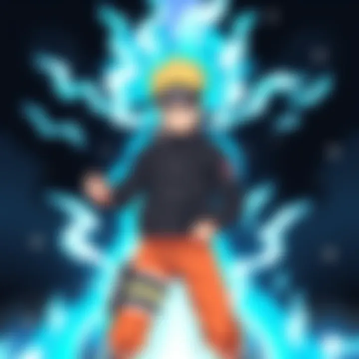 Boruto Character Illustration A young ninja with spiky hair and a confident expression, wearing a dark jacket, standing in a dynamic pose, surrounded by a blue aura, symbolizing strength and determination.