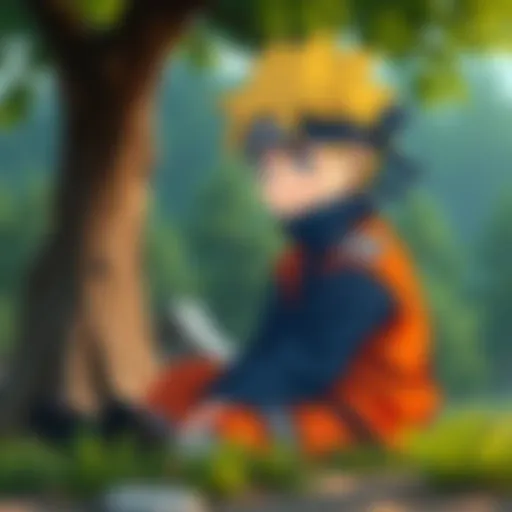 A young ninja with a blue outfit and orange accents sits by a tree, showing a sad expression as he gazes at the ground, illustrating his struggles to connect with fans.
