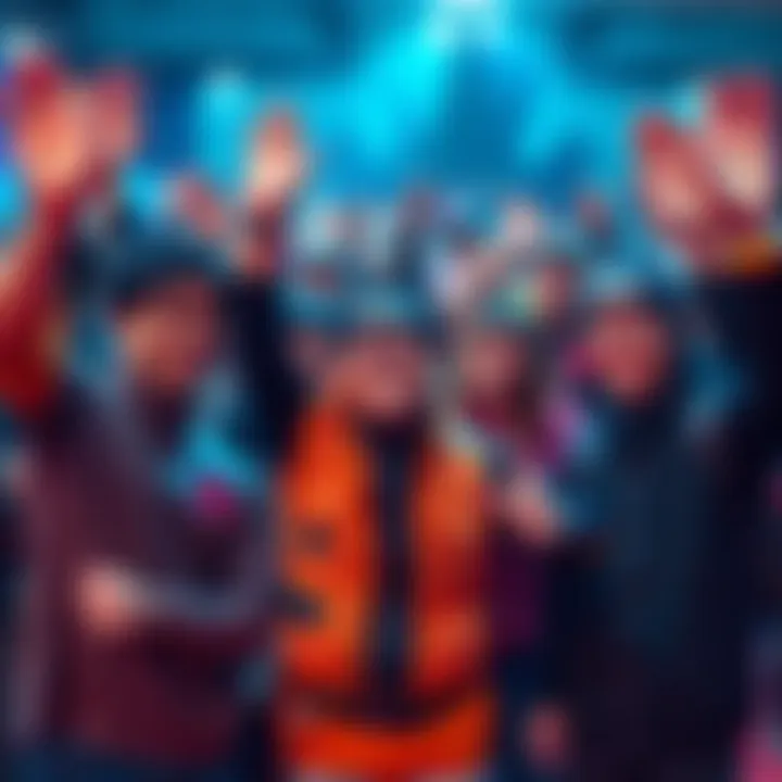 A group of passionate Boruto fans celebrating their love for the series, wearing merchandise and sharing excitement at a fan event.