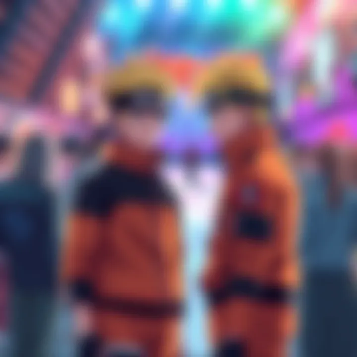 Boruto standing alongside Naruto in a colorful scene, with fans discussing in the background