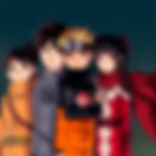 Boruto and Sarada stand next to their mothers, showcasing similarities in features and expressions, highlighting family resemblance.