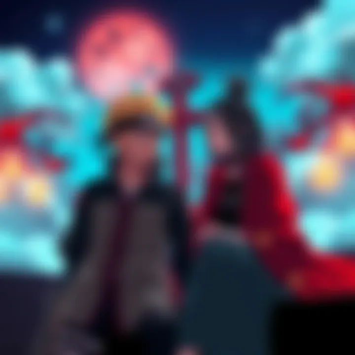 Boruto and Sarada discussing parenting Boruto and Sarada having a serious conversation about their future parenting responsibilities while surrounded by symbols of power and leadership.