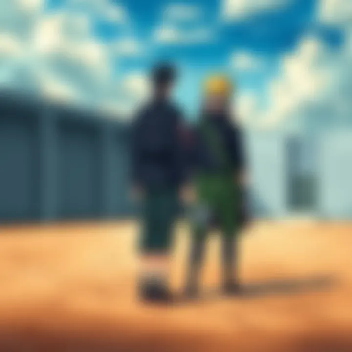 Boruto and Sasuke standing in a training ground, looking serious as they discuss their bond as master and student.