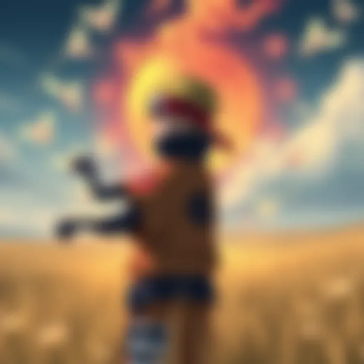 Boruto standing in a field, contemplating the return of summonings with nostalgic symbols around him.