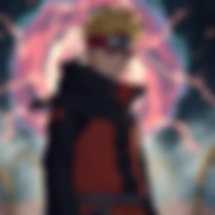 Boruto looking determined as he stands against a backdrop of swirling energy, symbolizing his vision of the future. His expression reflects concern for his friends and family.