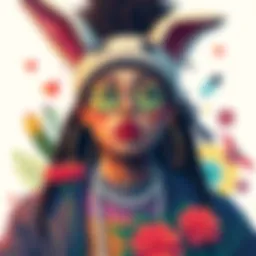 Artwork of Boss Okina by QK Rabbit A colorful illustration of Boss Okina showcasing themes of respect and visibility in art, surrounded by creative elements.
