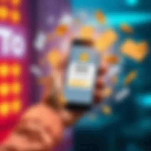 A person holding a smartphone displaying a reward notification, surrounded by symbols of money and tasks to be completed.