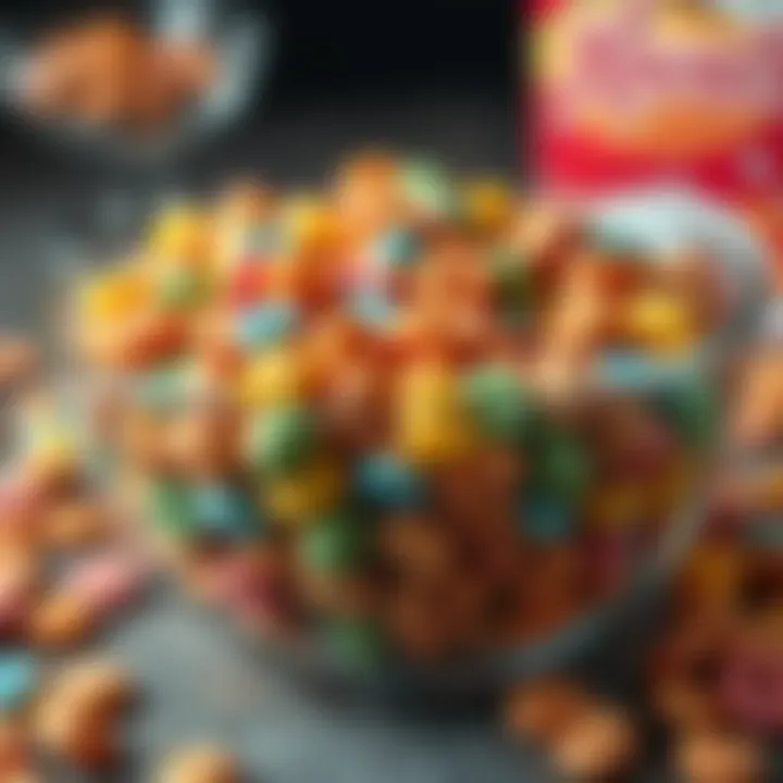 A bowl filled with various colorful breakfast cereals, including store brand options, ready for serving
