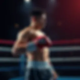 A determined boxer stands in a ring, ready to throw a powerful punch, showcasing grit and resilience.