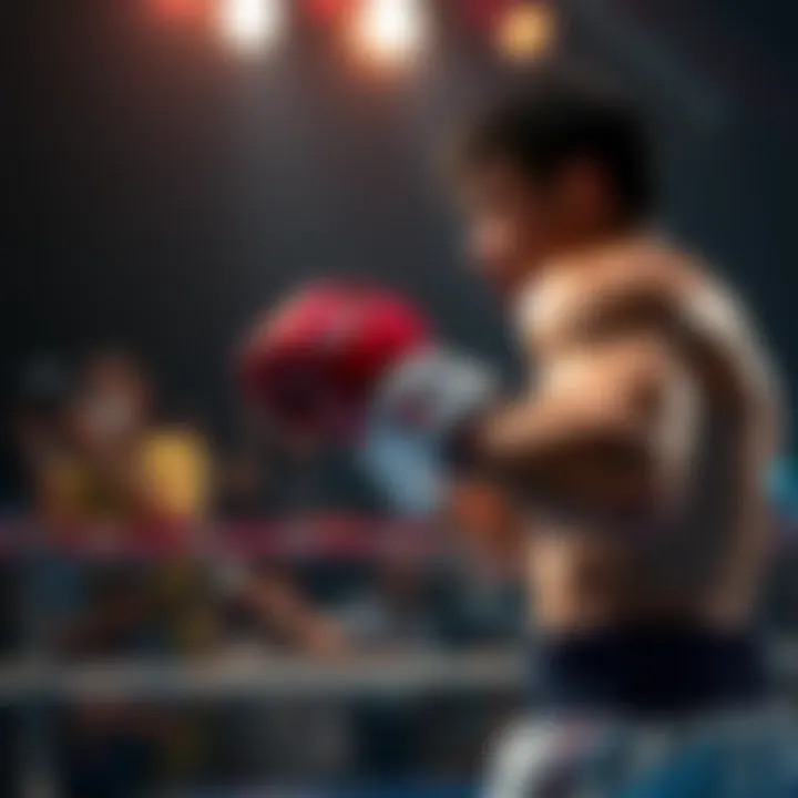 A boxer in a fighting stance, focusing intensely as a match unfolds in the background, capturing the spirit of competition and determination