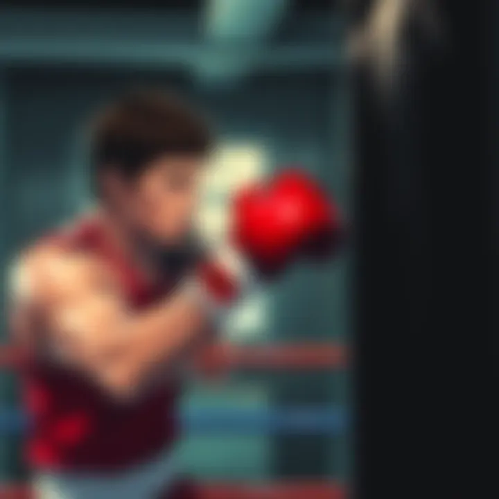 A boxer focused on training in a gym, practicing punches on a heavy bag with determination