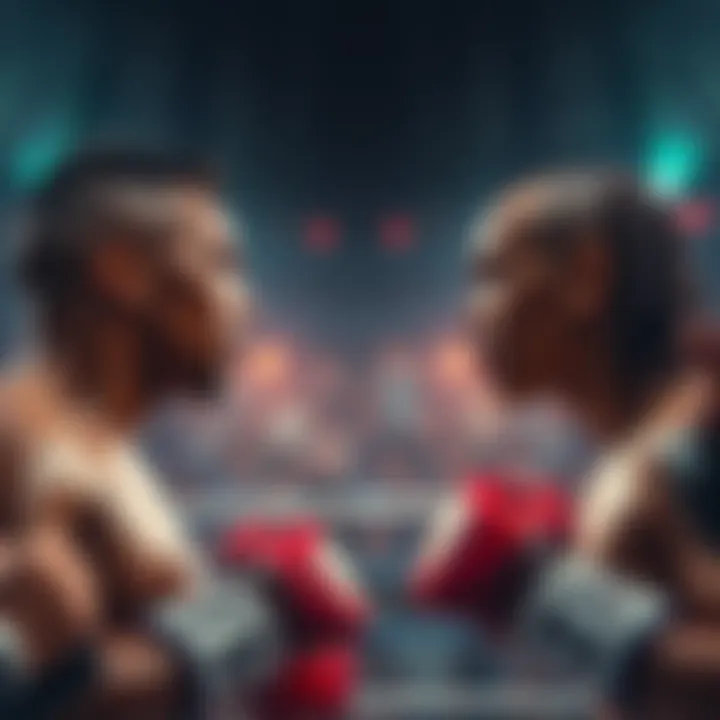 Two fighters in a boxing ring, ready to compete, with intense expressions, surrounded by cheering fans.