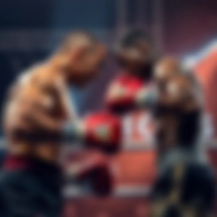 Boxers in a tense match Two boxers facing off in a ring, showcasing intense determination during a significant fight