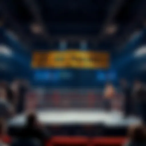 A boxing ring featuring banners with creative nicknames for characters, showcasing a lively atmosphere with people suggesting names