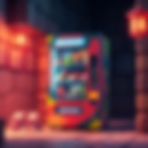 Boxxo, a sentient vending machine in a colorful dungeon setting, showcasing various snacks and drinks inside.