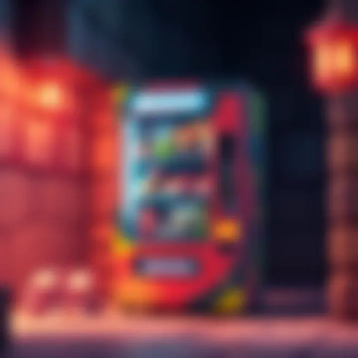 Boxxo, a sentient vending machine in a colorful dungeon setting, showcasing various snacks and drinks inside.