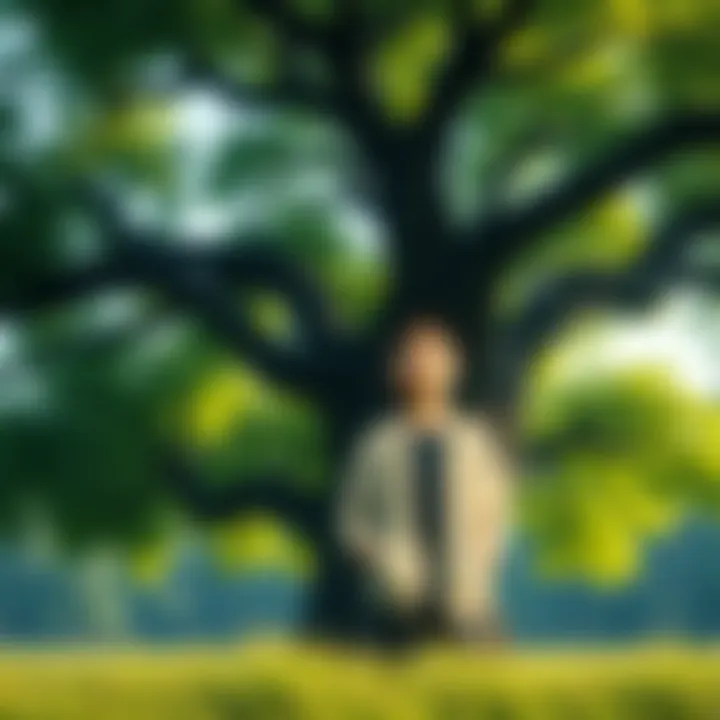 A young boy stands in front of a large tree, the titan tree, looking amazed and curious with green leaves in a bright future setting.