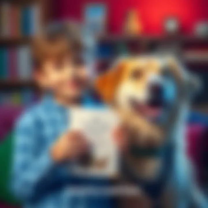 A 14-year-old boy holds his favorite book next to his cheerful dog, both looking excited for a photo contest.