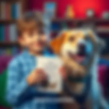 Boy with book and pet A 14-year-old boy holds his favorite book next to his cheerful dog, both looking excited for a photo contest.