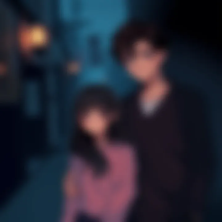 Boy with Neighbor in Dark Setting A boy stands close to a sweet-looking girl, both surrounded by shadows, hinting at their complicated and suspenseful relationship.