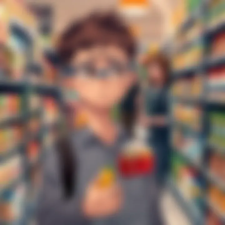 A boy with glasses standing nervously in a supermarket aisle, holding a grocery item. He appears anxious but determined to connect with others. His mother is in the background, offering support as the...