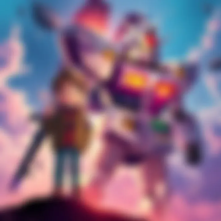 A young boy stands beside a large robot, GUNDAM, ready for an adventure. The scene shows excitement and determination as they face challenges together.