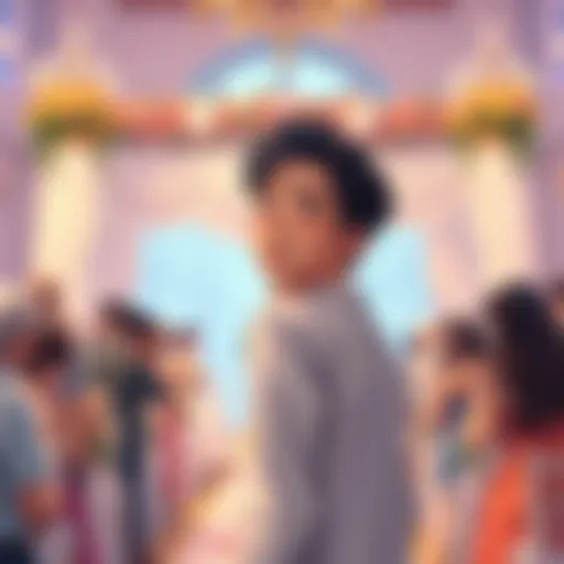 A young man with a worried expression stands in front of a wedding altar, glancing away as guests gather around. He appears conflicted about marrying a girl he dislikes from class.