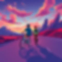 A colorful fan illustration of two boys riding bikes across a wide open road, with a backdrop of vibrant scenery as they travel from San Diego to New York.