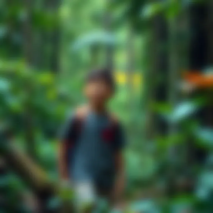 Two boys hike through a lush green forest, looking excited as they discover their surroundings.