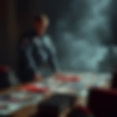 A military figure, representing Bradley, stands over a table with images of orphaned children, contemplating strategic choices for sacrifices.