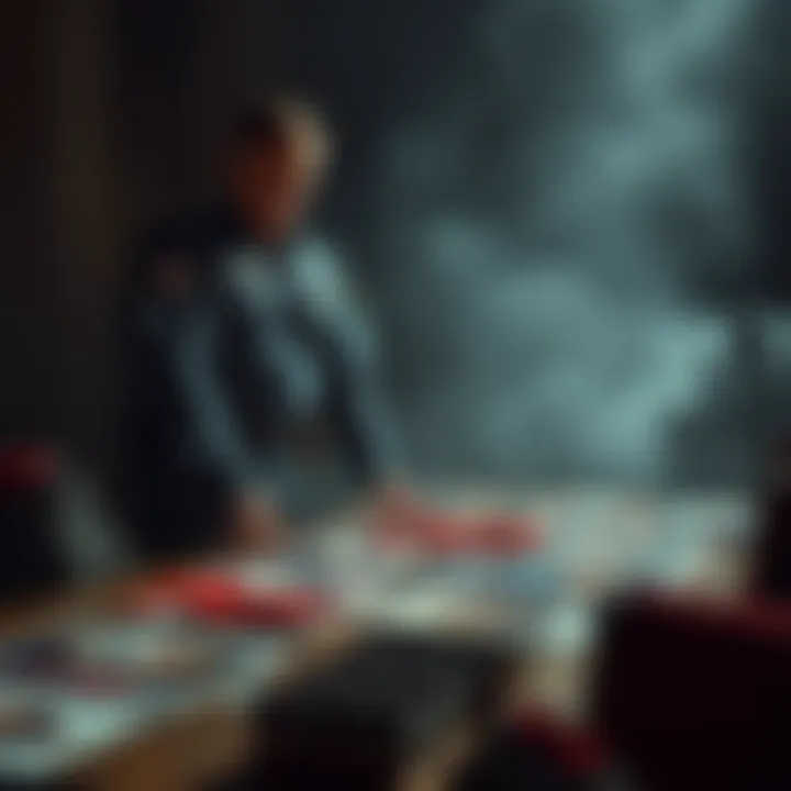 A military figure, representing Bradley, stands over a table with images of orphaned children, contemplating strategic choices for sacrifices.