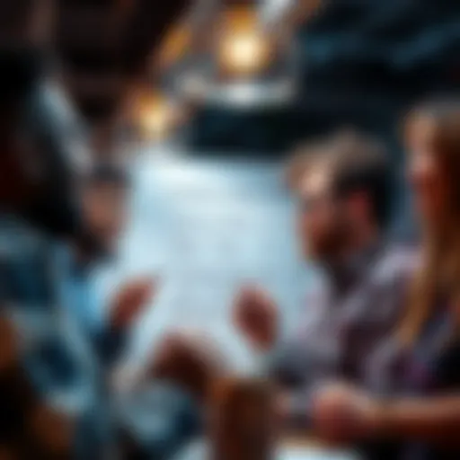 A group of diverse people discussing ideas and writing on a whiteboard