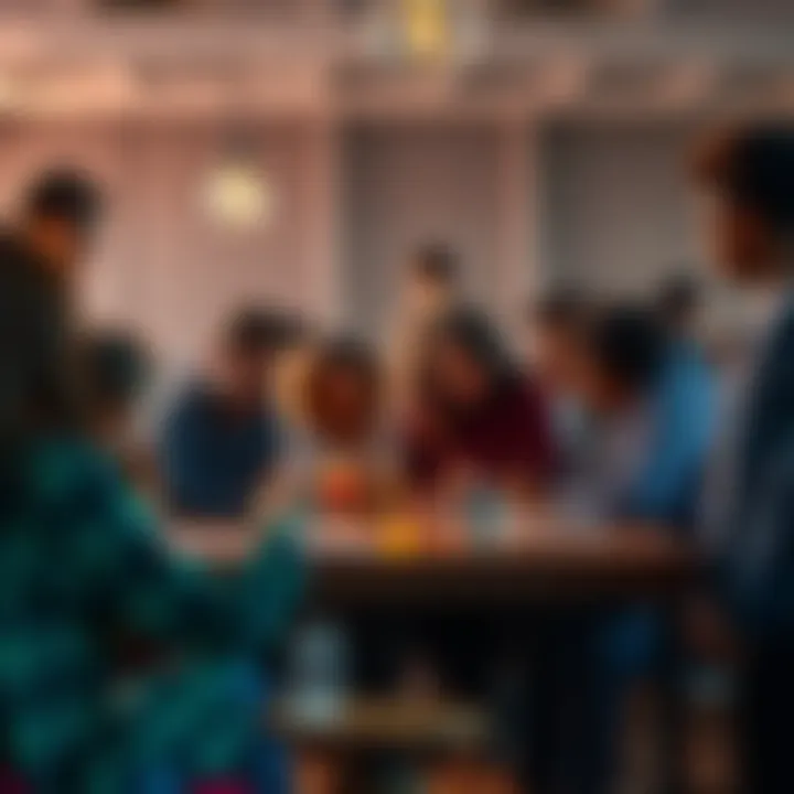 A group of diverse people gathered around a table, discussing and sharing creative ideas for a new concept name.