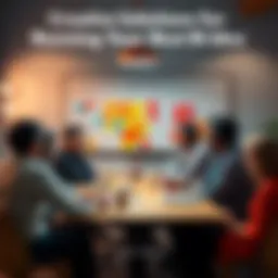 A group of people gathered around a table, brainstorming ideas for a project, with sticky notes and a whiteboard filled with suggestions.