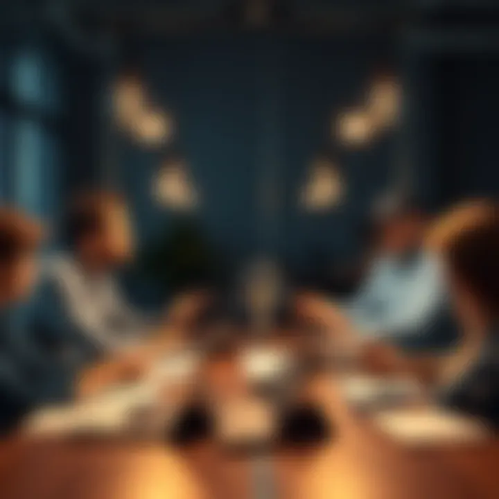 A group of people brainstorming ideas around a table with notepads and laptops