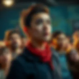 A person known as a brat stands confidently, speaking English to an audience, with varied expressions from onlookers showing surprise and curiosity.