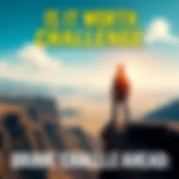 Brave Challenge Ahead A person standing at the edge of a cliff, looking out at a vast landscape, symbolizing the start of a new challenge, with a determined expression on their face.