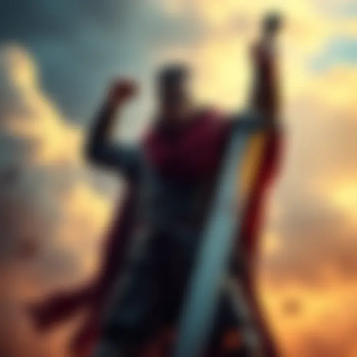 A strong warrior stands confidently, holding a sword raised high, symbolizing courage and strength in challenging times.