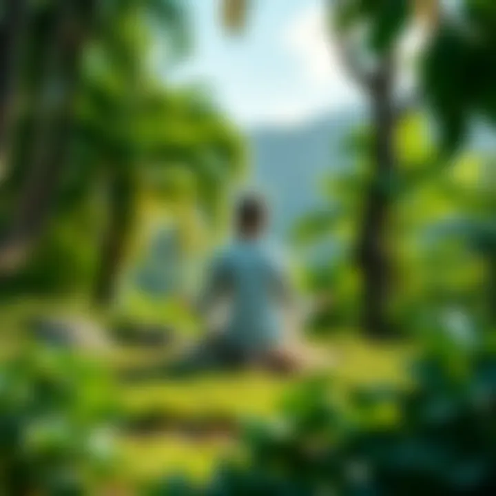 A person meditating in a serene natural setting surrounded by lush greenery, representing Brazilian Zen culture.