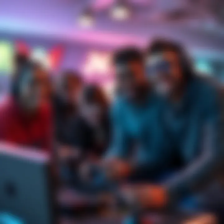 A group of diverse gamers supporting each other, smiling and playing in a friendly setting, promoting positivity in gaming.