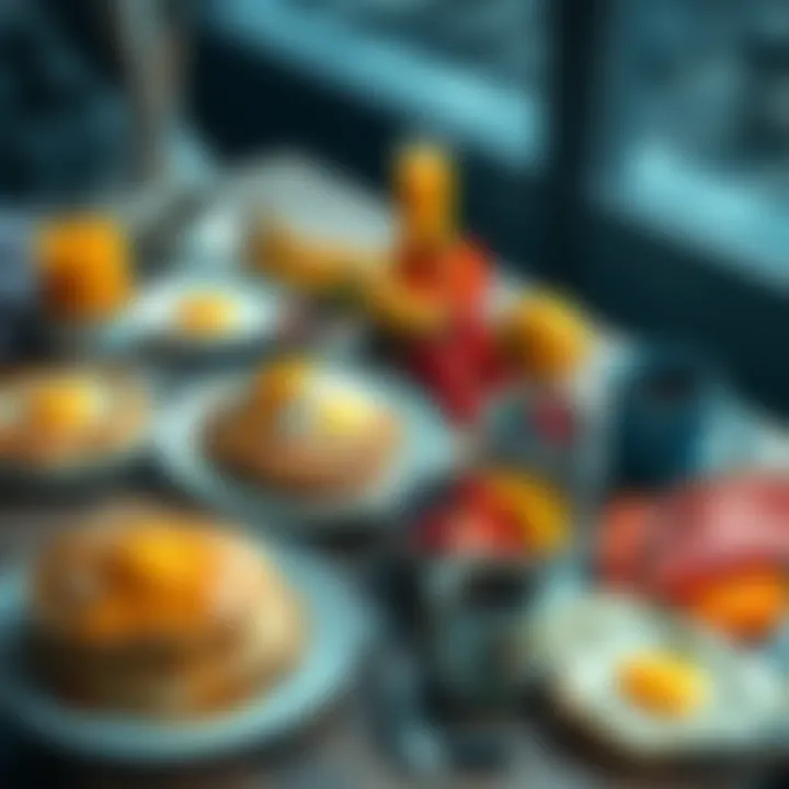 A colorful breakfast spread with pancakes, eggs, fruits, and coffee on a table.