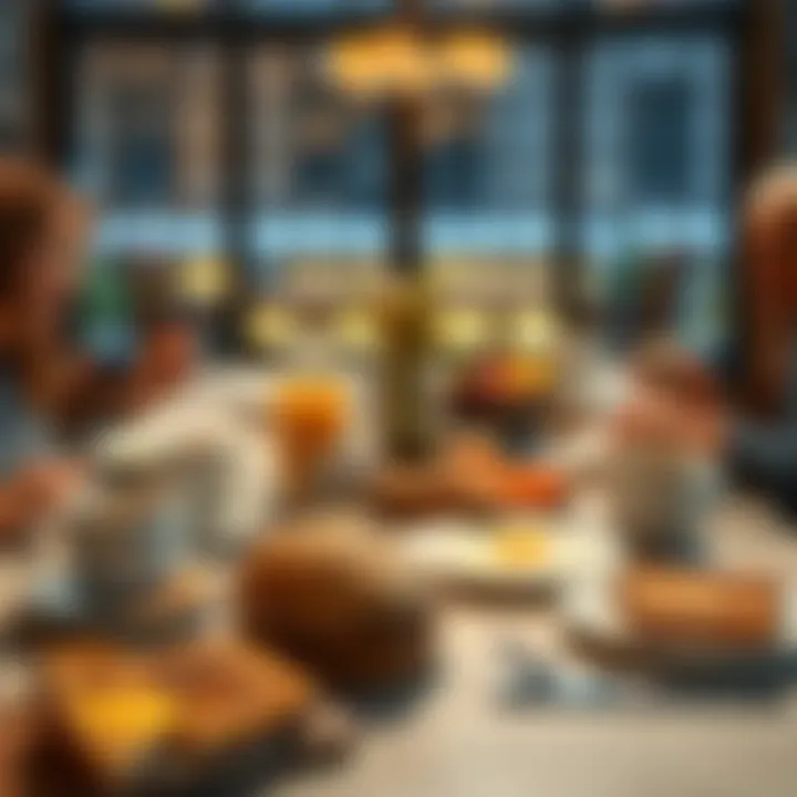 A cozy breakfast table with coffee, eggs, toast, and fruit, inviting friends to gather and share a meal.