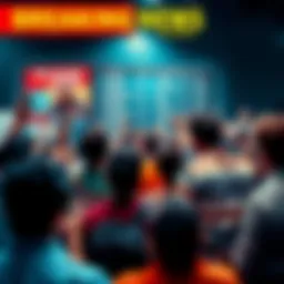 A crowd of shocked people gathered around a news bulletin board, reacting to surprising news updates.