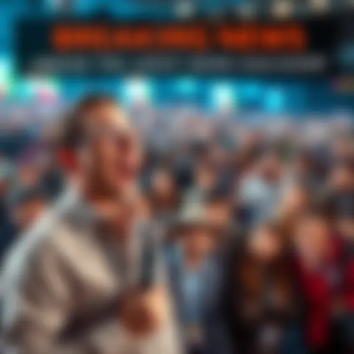 Breaking News Update A news reporter stands in front of a large crowd, holding a microphone with an excited expression, while people in the background look surprised.