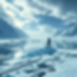 Breaking Ragnir Ice Scene A person standing on a frozen lake, striking the ice with a tool, surrounded by snowy terrain and distant mountains.