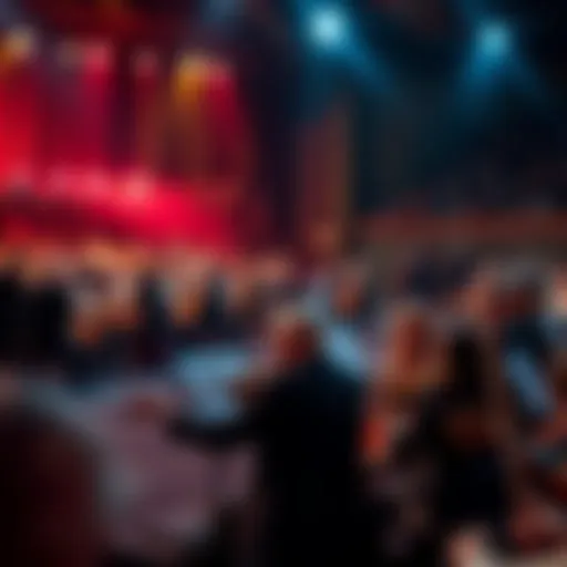 A powerful orchestra performing a captivating closing theme on stage, with emotional expressions from the musicians and audience in a dramatic setting.