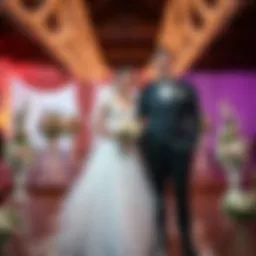 A happy bride and groom stand together, smiling, surrounded by flowers and decorations at their wedding venue.