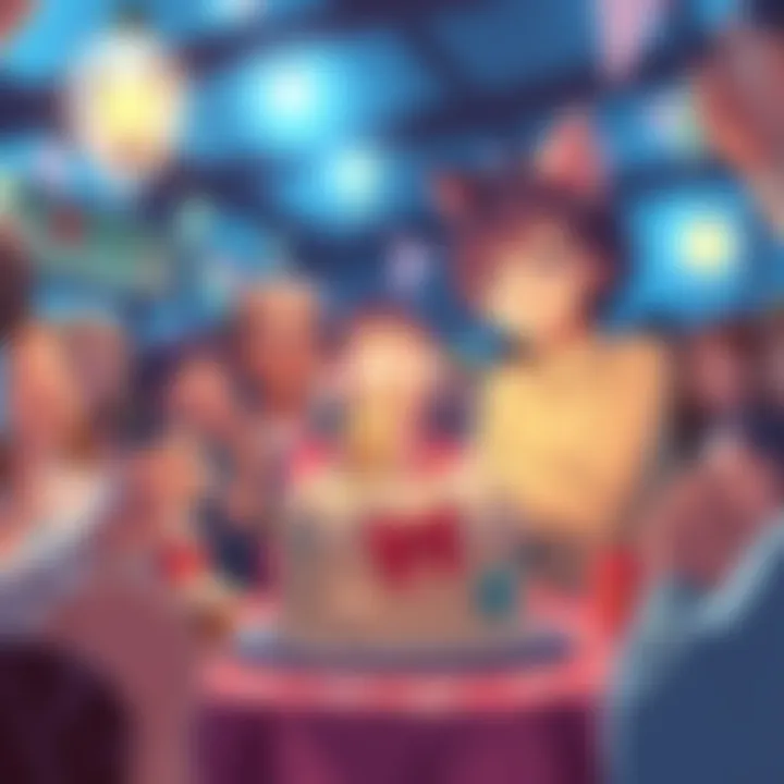 A cheerful birthday celebration for Bridget Hoffman, showcasing a cake and decorations while fans express their appreciation for her voice acting work.