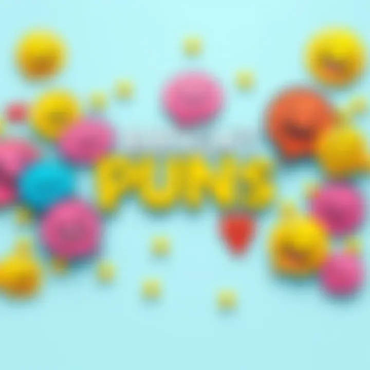 A cheerful graphic featuring colorful speech bubbles with various clever puns, surrounded by smiling emojis and bright colors to evoke laughter.